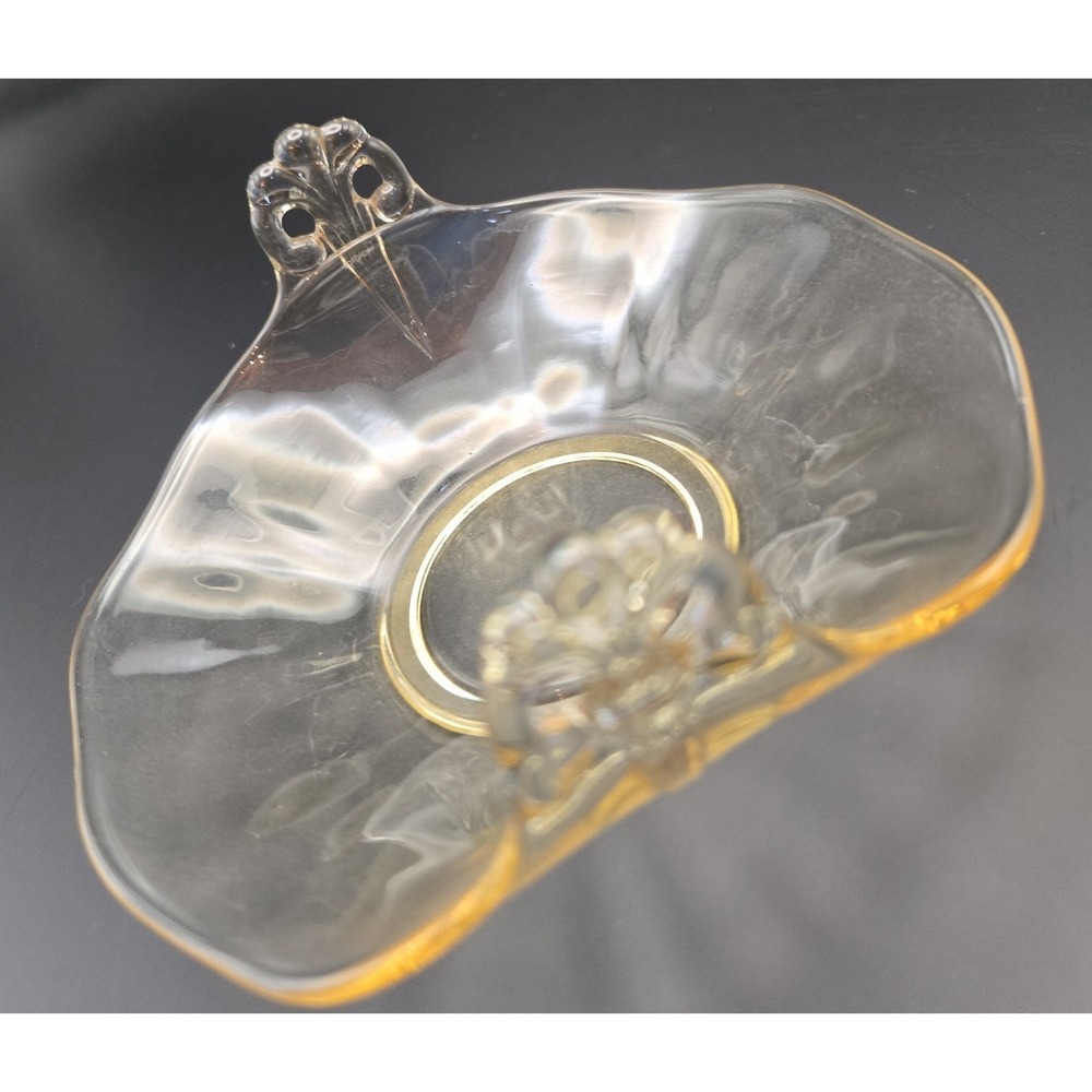 Vintage Candy Dish Fostoria Bowl. Soft Yellow Delicate 2 Handles‎ Scalloped Edge
